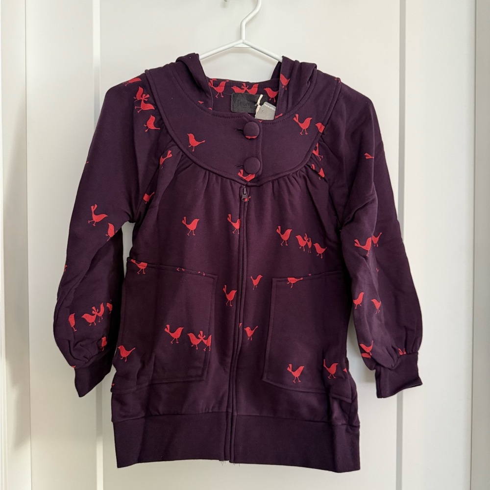 Numph Purple Sweatshirt Hoodie with Red Bird Print Size M
